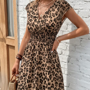 Leopard Floral V-Neck Cap Sleeves A-Line Dress