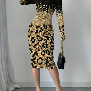 Leopard Gradient Print Round Neck Long Sleeve Midi Dress
