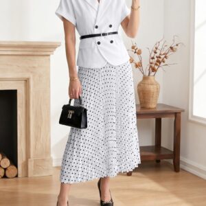 2 Pieces Notch Lapel Short Sleeves Belted Blazer & Polka Dot Pleated Skirt Matching Set