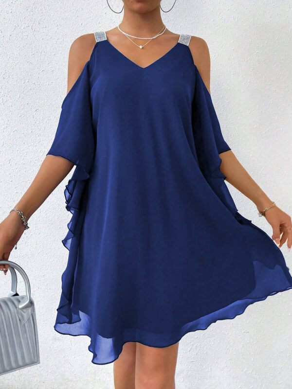 Cold Shoulder Solid Color Ruffled Chiffon Dress thumbnail 1
