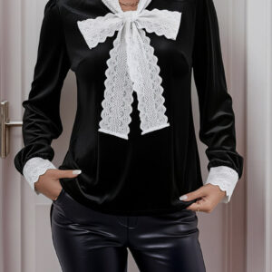 Colorblock Velvet Lace Bow Long Sleeve Blouse