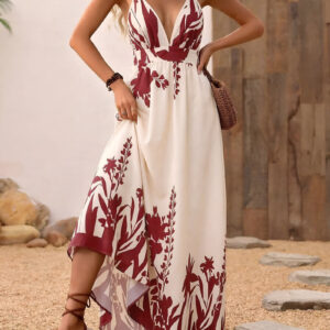 Floral Spaghetti Strap Deep V Neck Backless Resort Dress
